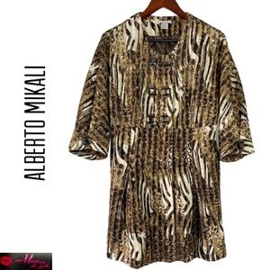 ALBERTO MAKALI Animal Print Coat Beaded Buttons